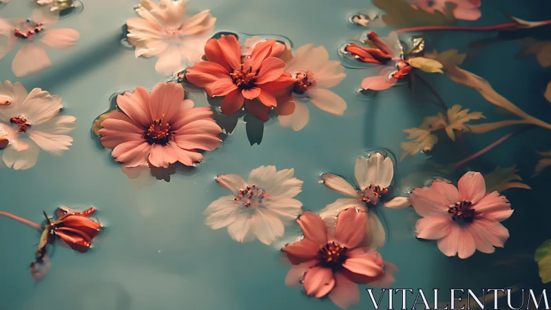 Floating Cosmos Flowers on Turquoise Water Surface