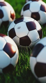 Close-up view of classic soccer balls lying on grass field.