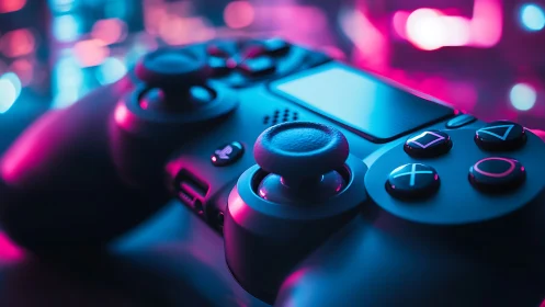 Gaming controller glows under neon cyberpunk lighting.