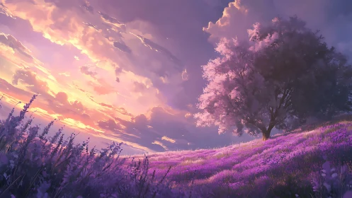 Digital painting of lavender hillside at luminous sunset sky.