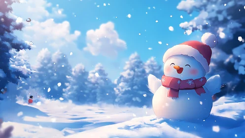 Cute snowman with red winter hat in bright snowy forest.