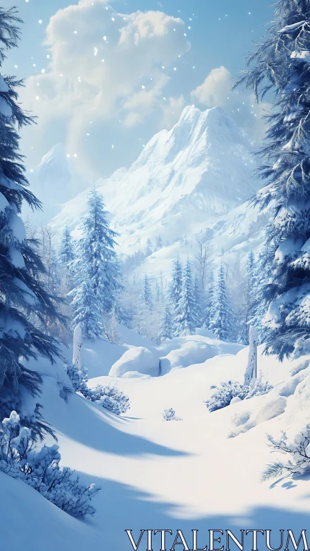 Snowy mountain valley glows under soft winter sunlight.