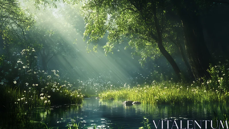 Morning sunbeams gently awaken a quiet forest stream