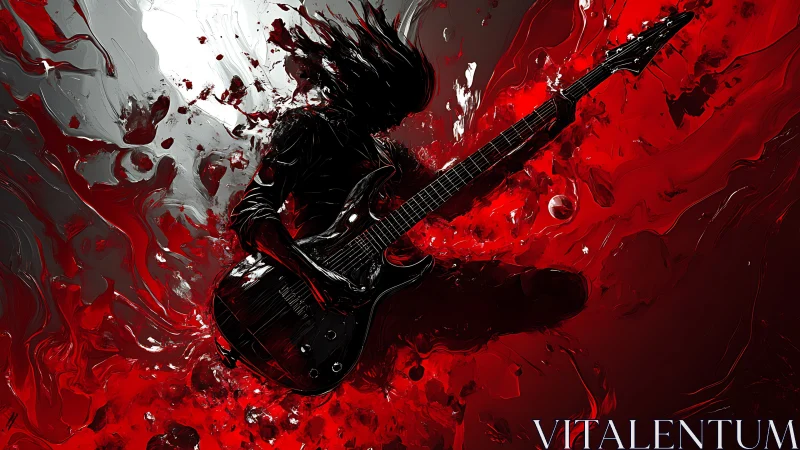 Digital metal guitarist shredding through red paint storm.
