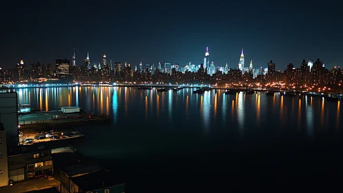 Urban waterfront skyline at night with reflected city lights.