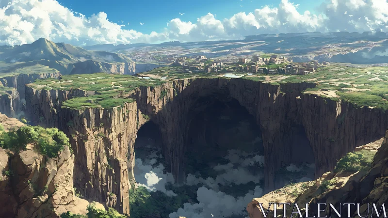 Terraced plateau settlement above deep circular chasm.