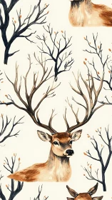 Elegant stag portraits repeat among winter forest branches