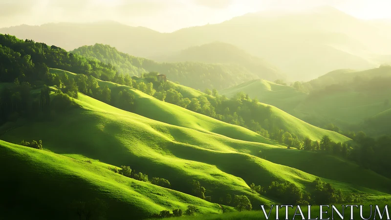 Sunlit velvet hills breathing softly in morning hush.