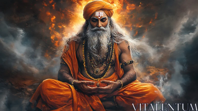 Meditating Hindu sage glows amid swirling celestial fire.