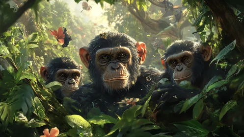 Triad of juvenile chimpanzees rendered in lush jungle light