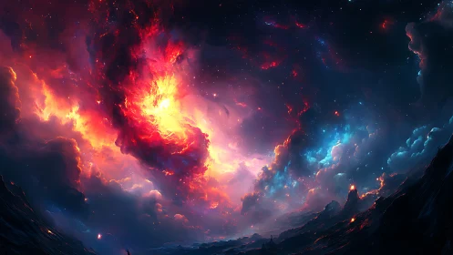 Stellar firestorm swirling above shadowed cosmic seas.