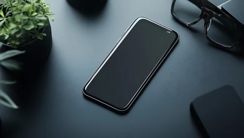 Smartphone with black frame on gray surface with accessories.