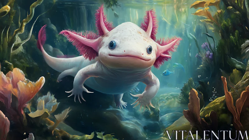 Axolotl swims through refracted light in dense aquatic vegetation
