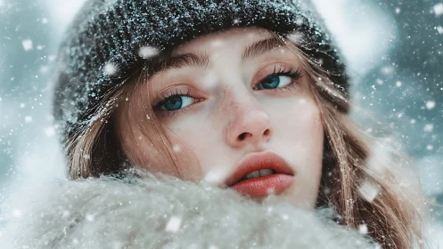Snow-dusted portrait of young woman in soft winter light.