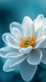 White lotus bloom unfolds in soft teal morning light.