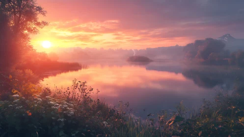 Sunrise glows over a misty lakeside framed by wildflowers