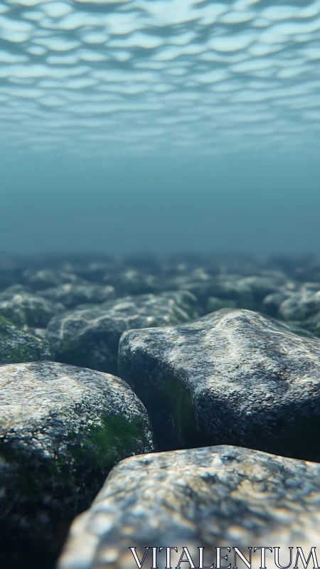 Underwater riverbed stones rendered with shallow DOF lighting