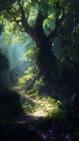 Luminous Path Through Ancient Giant's Cathedral of Green