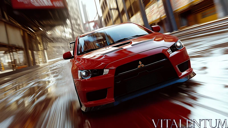 Red sports car cuts through slick city streets with bold energy