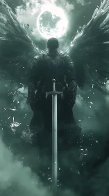 Armored dark angel stands beneath lunar backlight with sword