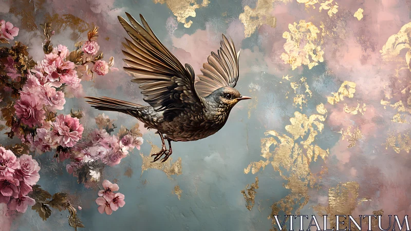 Songbird in flight among pink blossoms and soft gold light.