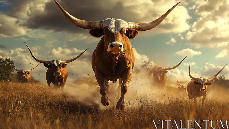 Stampeding sunset longhorns charge through dust and glory.