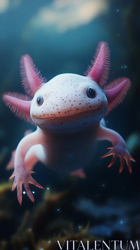 Curious axolotl drifts through dreamy blue underwater light