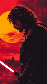 Warrior silhouette against red sky and glowing sun.