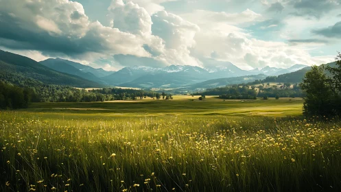 Sunlit mountain valley opens beneath dramatic summer clouds
