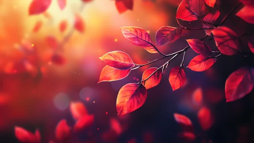 Red autumn leaves on branch against soft glowing light.