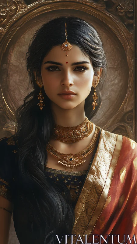 Regal Indian muse framed in burnished temple splendor.