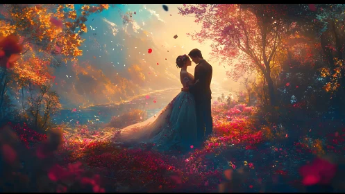 Couple in bloom-laden landscape beneath golden sunset sky.