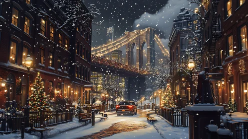 Snowy Brooklyn bridge street glowing with cozy holiday lights.