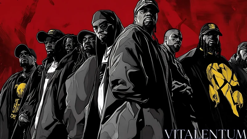 Hip hop collective stands unified before stark red backdrop