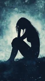 Silhouetted woman in contemplative sorrow within misty blue void.