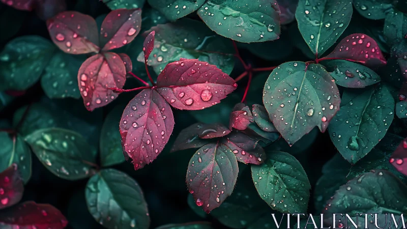 Rain-soaked red and green leaves under soft diffused light.