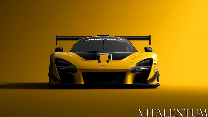 Yellow apex predator race car poised in spotlighted silence.