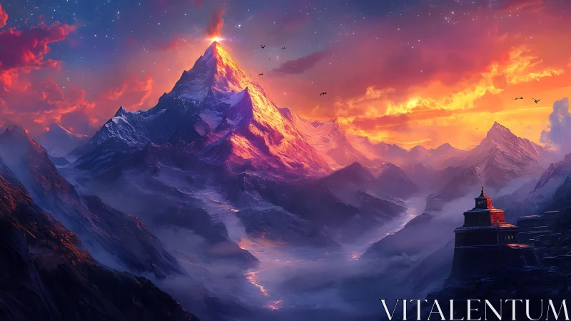 Mountain peak glows under vivid sunset sky with temple foreground