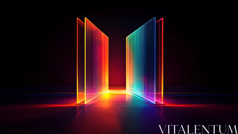 Luminous glass portals in symmetrical neon spectrum space.