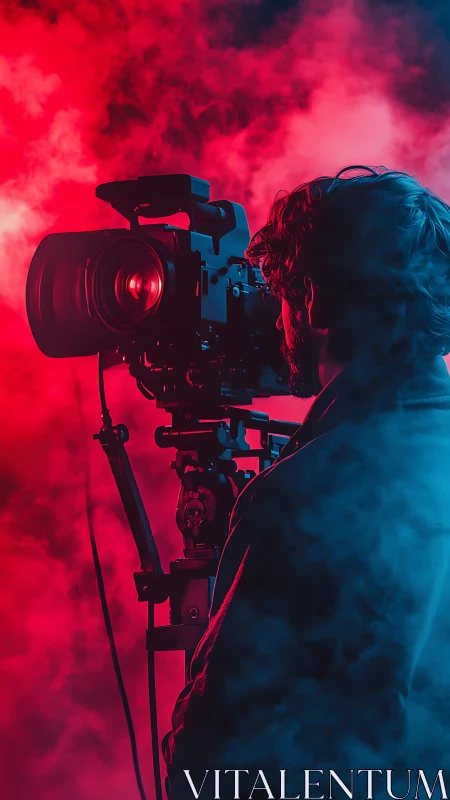 Cinematic cameraman in neon red and blue studio haze.