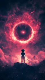 Digital painting of warrior under cosmic red energy vortex.