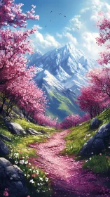Petal-bright mountain path winds toward snowlit spring peaks