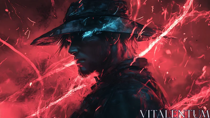 Digital painting portrait with electric red backlit silhouette.