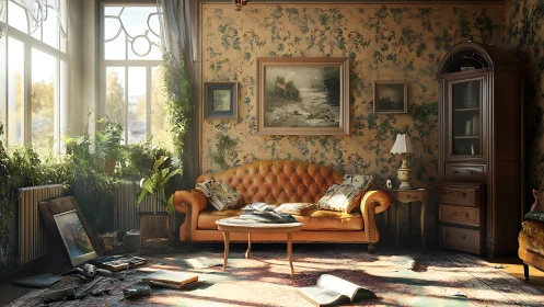 Sunlit vintage living room filled with cozy, leafy warmth.