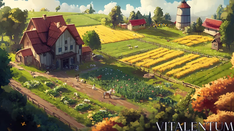 Sunlit stylized farmhouse overlooks layered golden crop fields