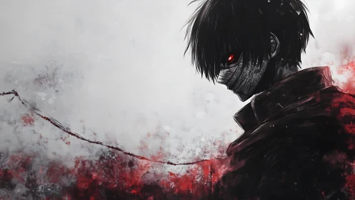 Masked red-eyed figure amid desaturated blood mist field.