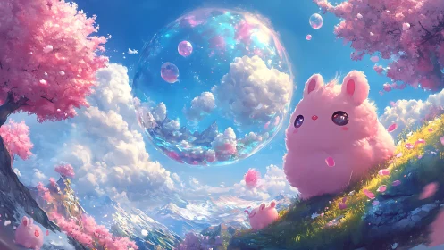 Cotton candy critters gaze at a floating pastel bubble world