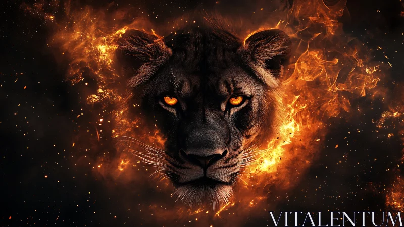 Fiery lioness portrait integrates glowing embers and high contrast lighting