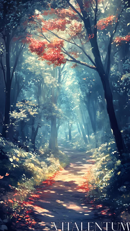 Enchanted Forest Path with Glowing Autumn Colors