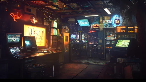Neon consoles whisper secrets inside a midnight tech bazaar